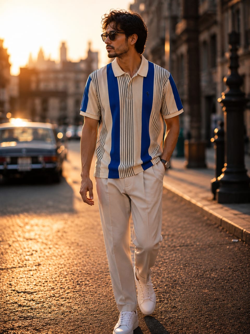 Blue, Cream & Black Striped Polo Shirt — alternate view